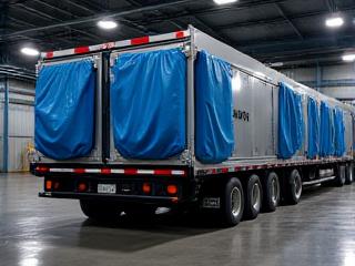 Heavy-duty flatbed trailer carrying industrial machinery