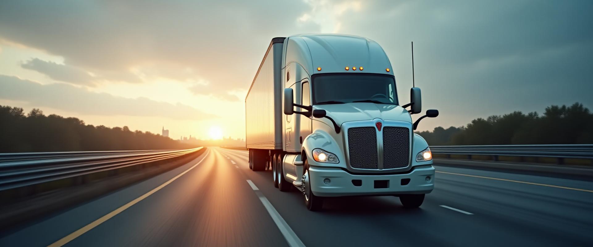 Modern J N & T freight truck driving on an East Coast highway at dawn