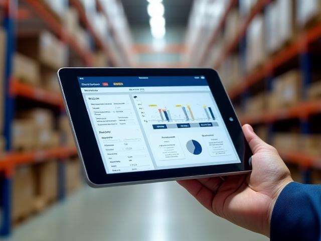 Warehouse staff performing inventory management using digital tablets