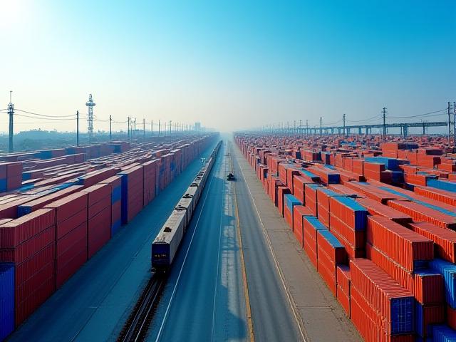 Intermodal logistics yard with modern equipment and high-tech tracking
