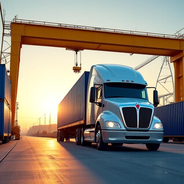 Intermodal container being transferred from a rail car to a heavy-duty truck