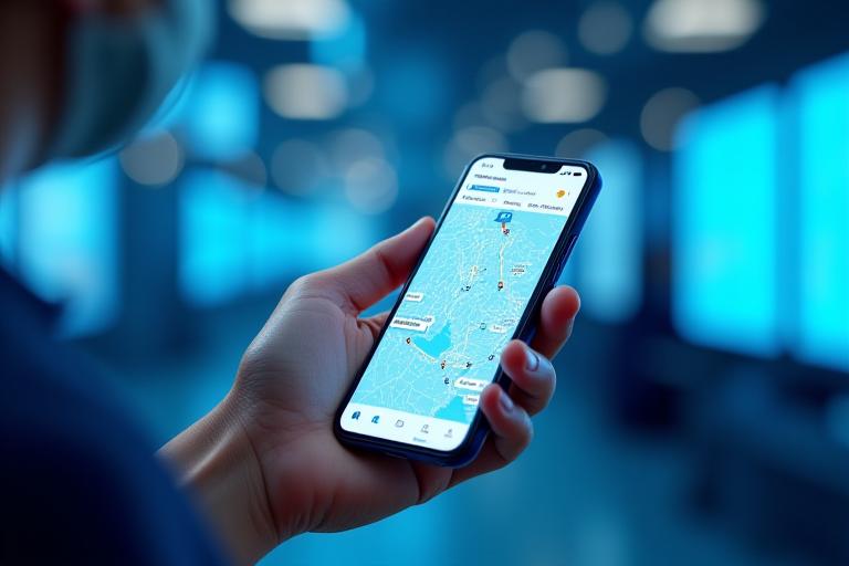 Mobile tracking app and logistics dashboard interface showing delivery status