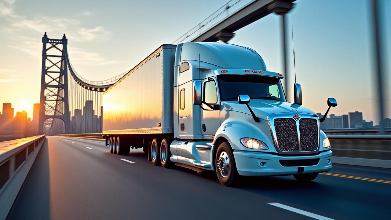 J N & T Transportation semi-truck crossing the Benjamin Franklin Bridge in Philadelphia